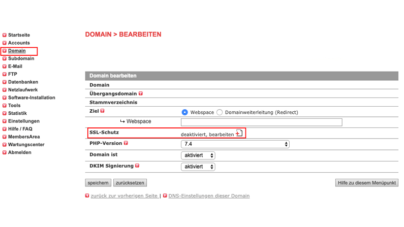 Domain bearbeiten
